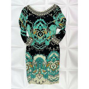 Muse Sz 6 Colorful Slinky Knit Shift Sheath Dress s Scarf Paisley Print V Back
